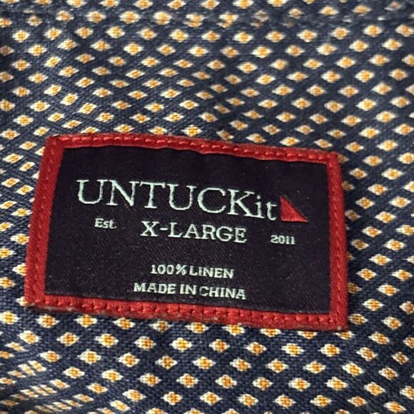Untuckit Cadalso Button Up Short Sleeve Shirt 100% Linen Geometric Navy Size XL - Picture 3 of 16